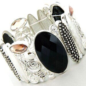 Wide Band Silver Black and Topaz Faceted Faux Crystals Giant Stretch Bracelet